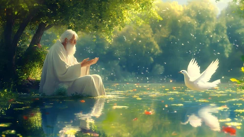 Tranquil Scene of Elderly Man and Dove by Lake