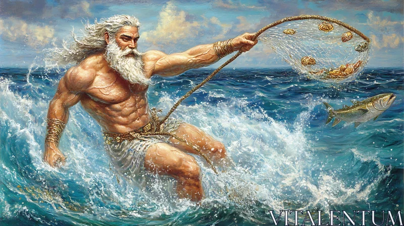 AI ART Ocean God Holding Net with Marine Treasures in Turbulent Sea