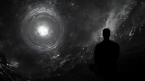 Meditative Silhouette Amidst Galactic Whirlpool