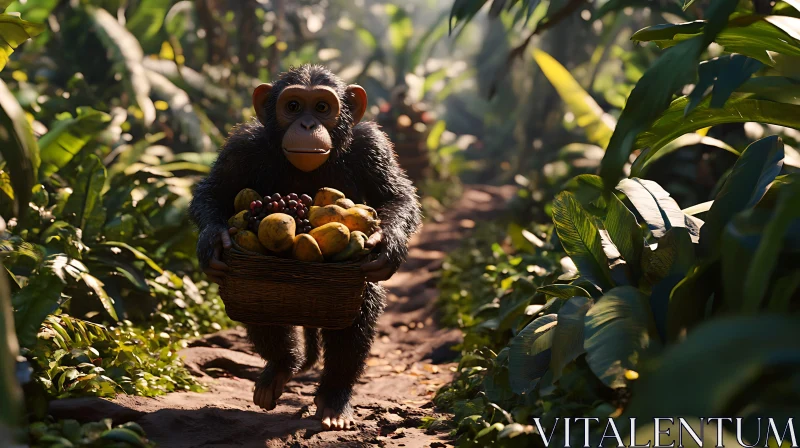 Young Chimpanzee with Fruit Basket in Jungle Path AI Image