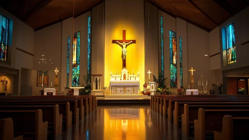 Majestic Church Interior with Crucifix and Stained Glass