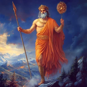 Mythological King Overlooking Mountains
