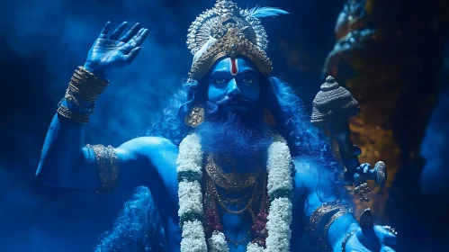 Mystical Blue-Skinned God with Golden Jewelry