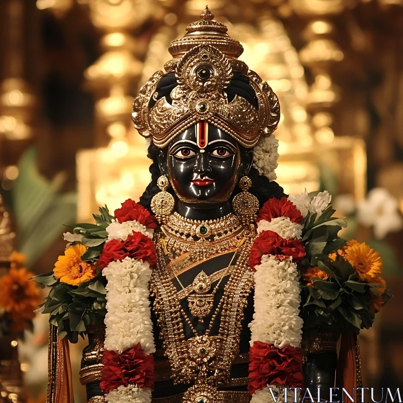 Ornate Hindu Deity Sculpture with Golden Adornments and Flowers Ornate Hindu Deity Sculpture with Golden Adornments and Flowers