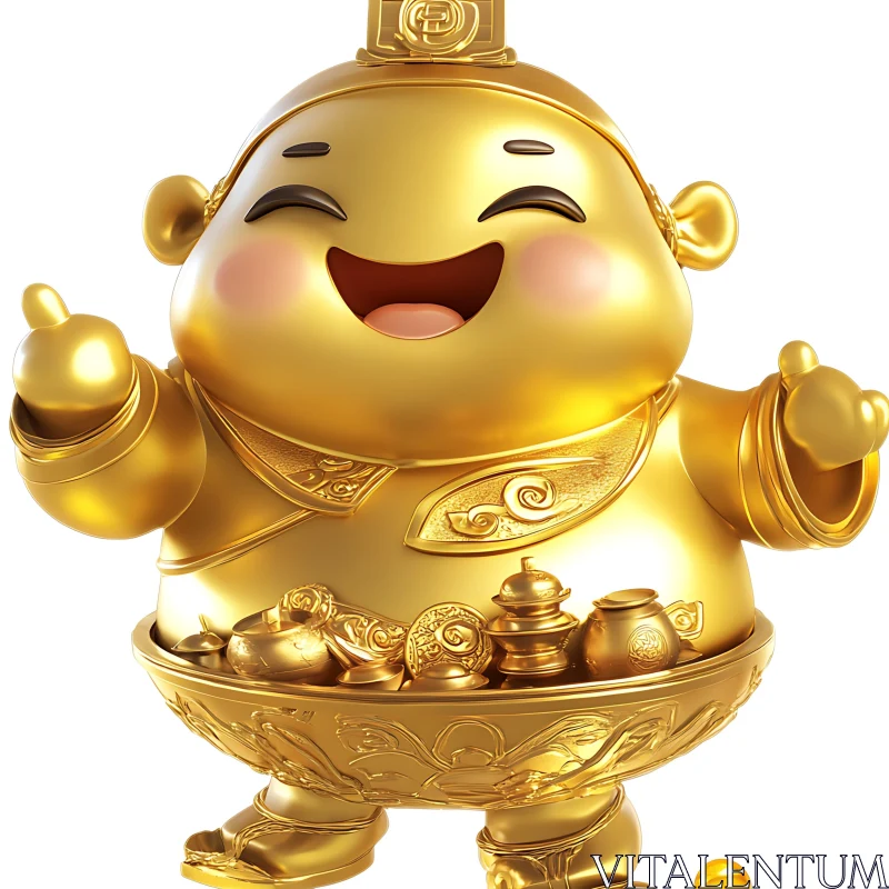 Smiling Golden Character with Gold Objects AI Image