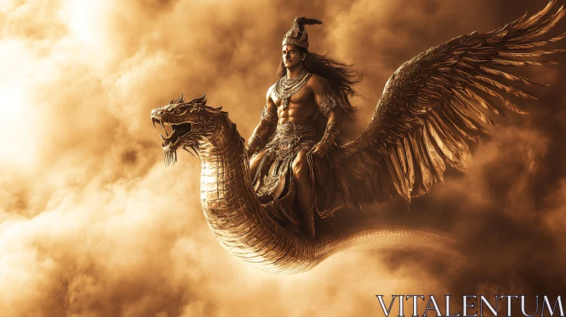 Epic Warrior and Golden Dragon in Clouds Epic Warrior and Golden Dragon in Clouds