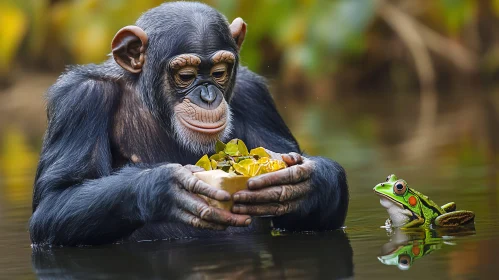 Chimpanzee and Frog Interaction in Water