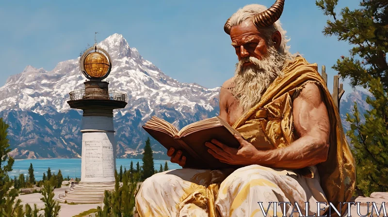 Horned Giant Absorbed in Reading by Scenic Lake AI Image