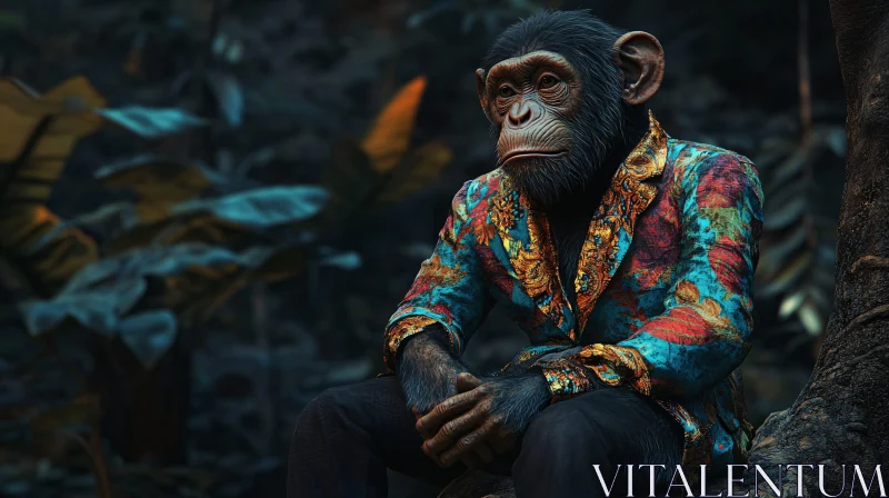 Stylish Monkey in Colorful Jacket Amidst Jungle AI Image