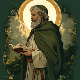 Bearded Figure in Nature with Book and Halo