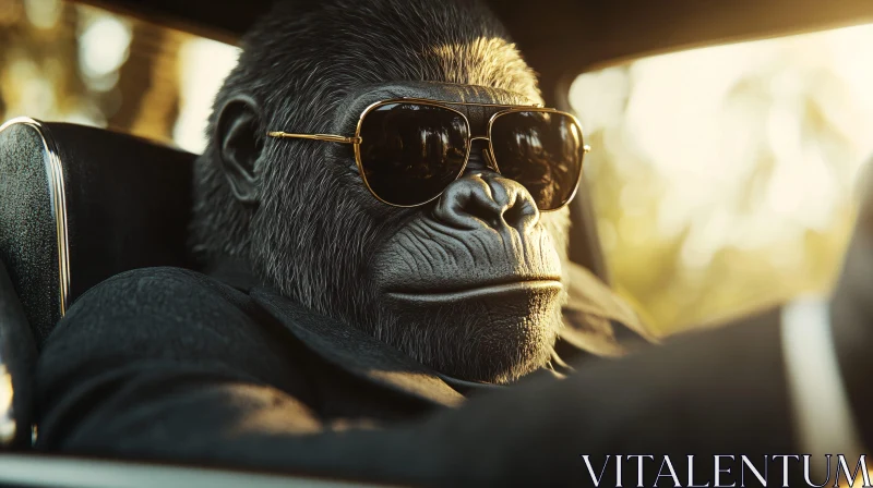 Gorilla in Sunglasses Behind the Wheel AI Image