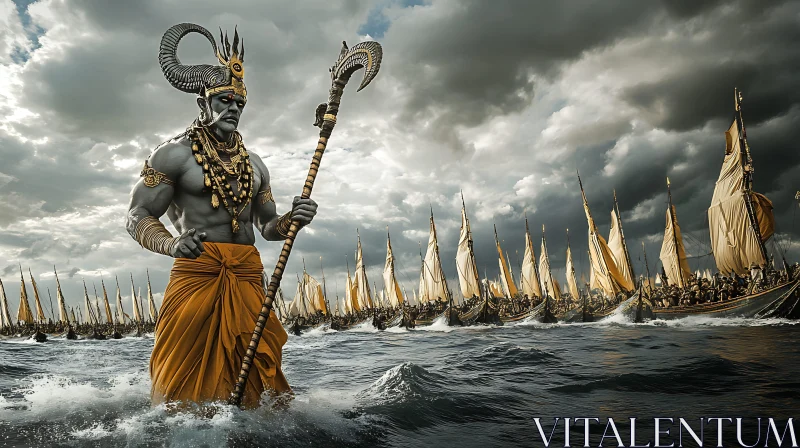 AI ART Colossal Divine Warrior Amidst Ancient War Fleet