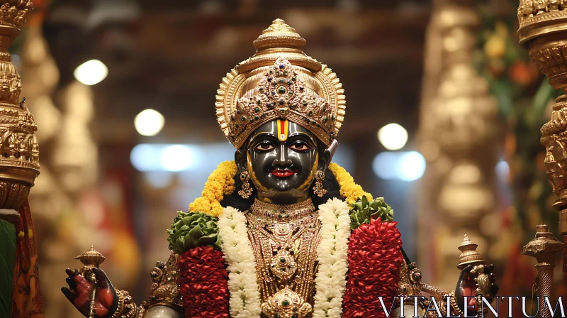 Ornate Deity Statue with Golden Ornaments and Garlands AI Image