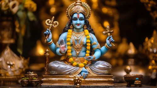 Detailed Blue and Gold Hindu Deity Statue in Temple