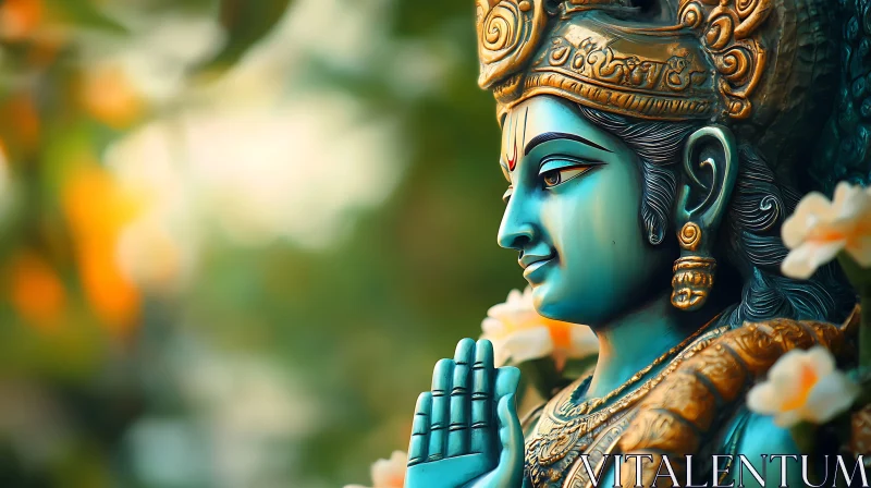 Spiritual Blue and Gold Statue with Flowers AI Image