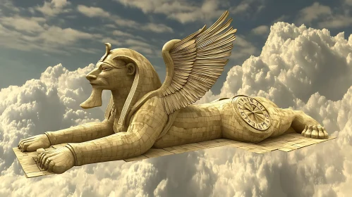 Fantasy Sphinx with Wings and Clock in a Cloudy Sky