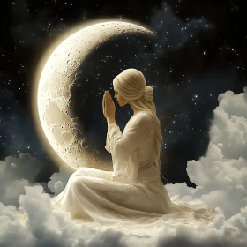 Celestial Prayer: Woman in White Dress Beneath Stars and Moon