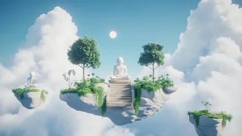 Serene Sky Islands with Tranquil Statues