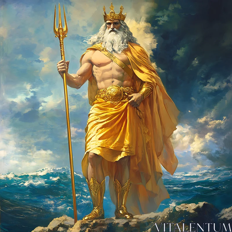 AI ART Golden-Clad Sea God with Trident in Stormy Sky