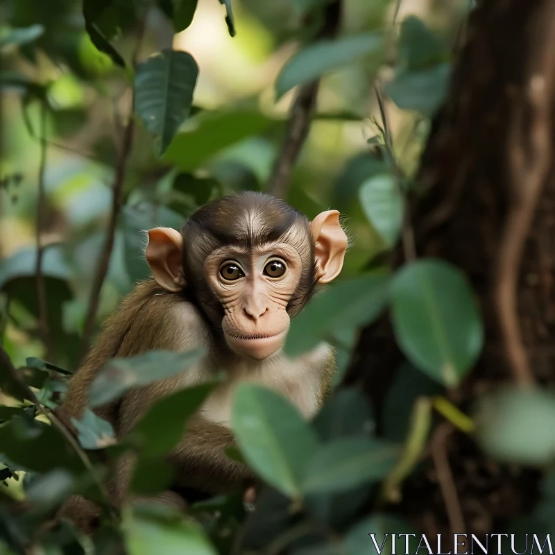 AI ART Innocent Baby Monkey Amidst Lush Green Leaves