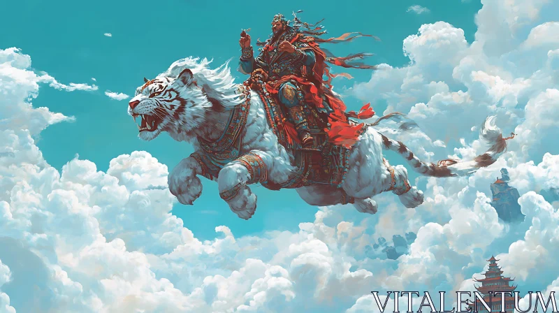 AI ART Warrior Riding Tiger Amidst Cloudscape