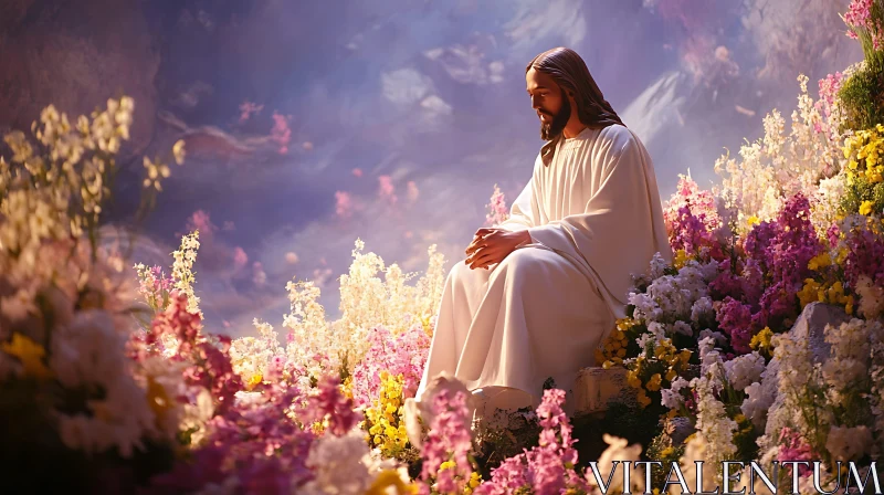 AI ART Peaceful Jesus amidst Vibrant Blossoms