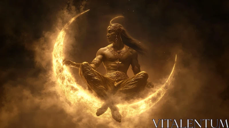 Divine Figure on Moon with Golden Clouds AI Image