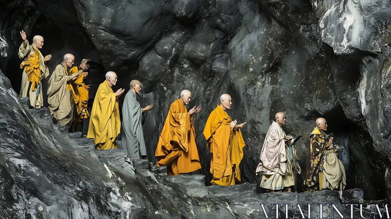 Spiritual Journey of Monks in a Cave AI Image