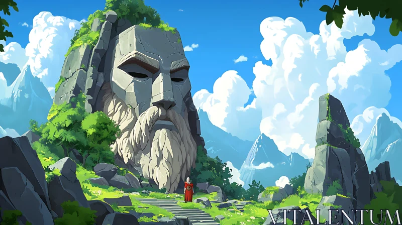 Colossal Stone Head in a Lush Mountain Setting AI Image