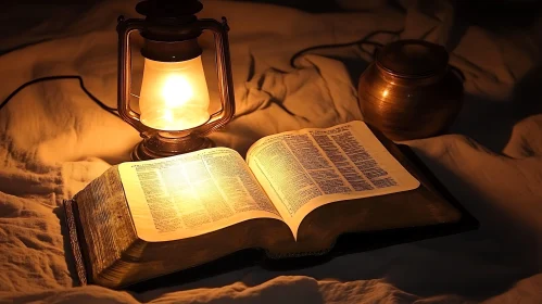 Book Lit by Antique Lamp with Ceramic Pot