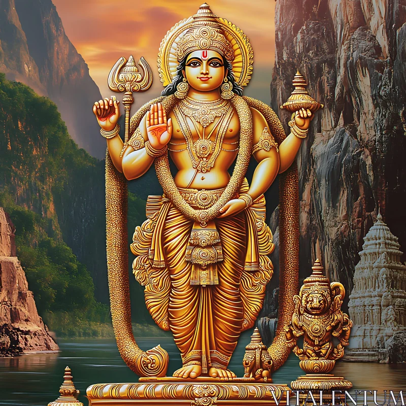 AI ART Sacred Golden Hindu Deity Statue