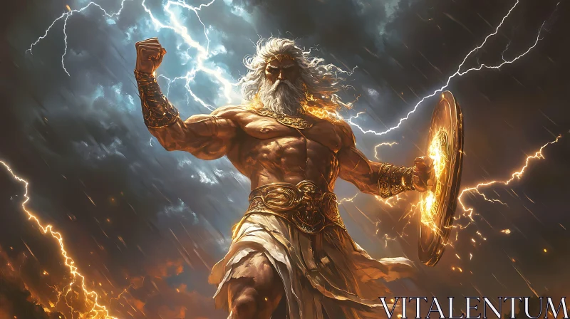 Mythical Deity Wielding Lightning and Shield AI Image