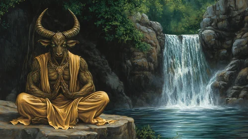 Mystical Creature Meditating by Waterfall