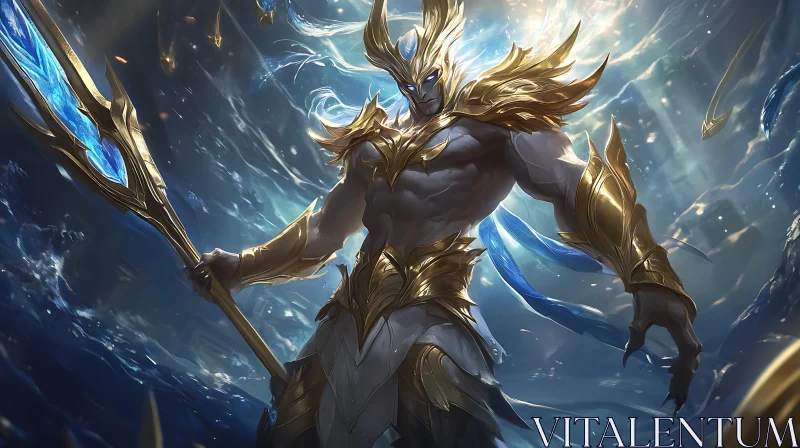 AI ART Underwater Battle-Ready Demon with Golden Armor and Spear