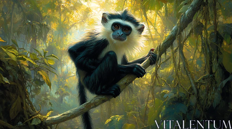 Monkey in Sunlit Jungle AI Image