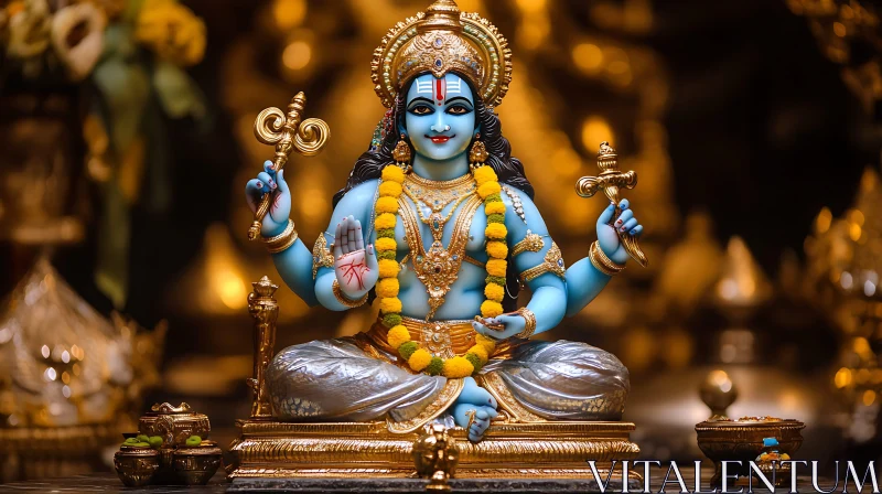 AI ART Detailed Blue and Gold Hindu Deity Statue in Temple