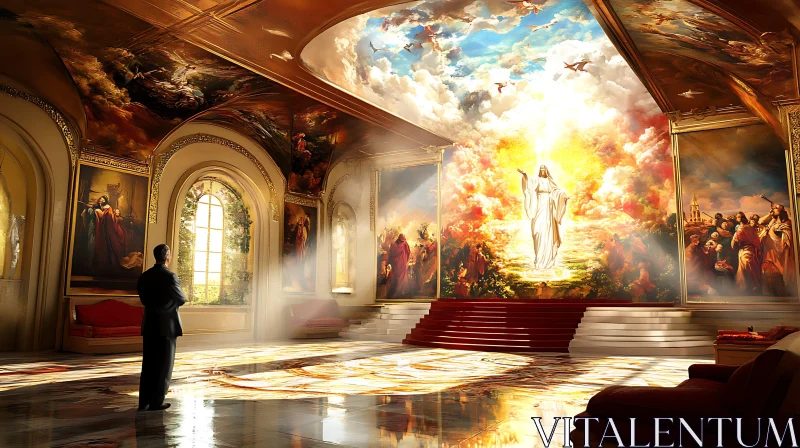 Grand Room with Divine Art and Central Statue AI Image