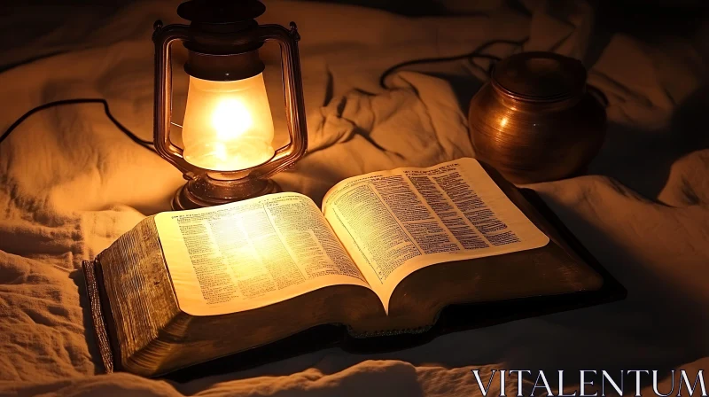 Book Lit by Antique Lamp with Ceramic Pot AI Image