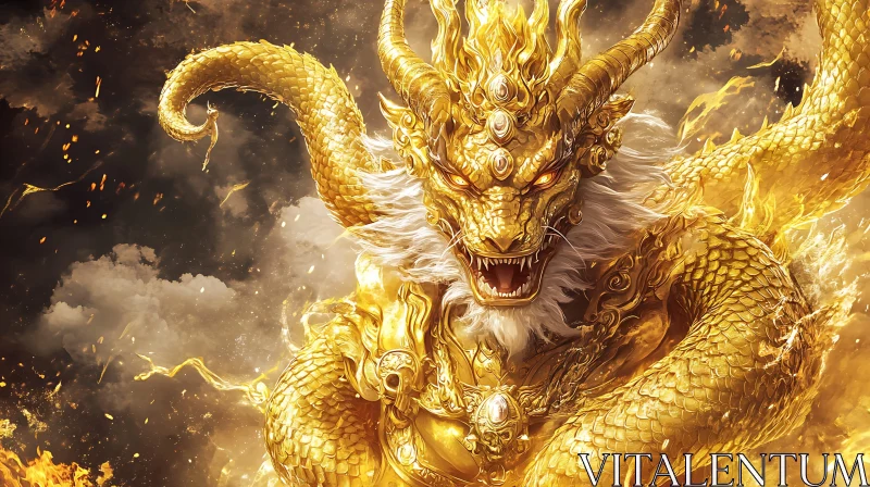 Majestic Golden Dragon with Flames AI Image