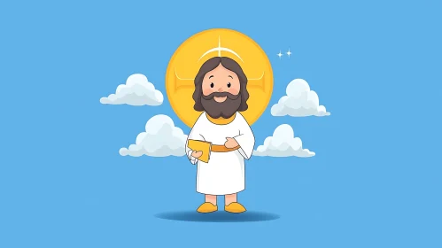 Jesus Cartoon Illustration with Clouds