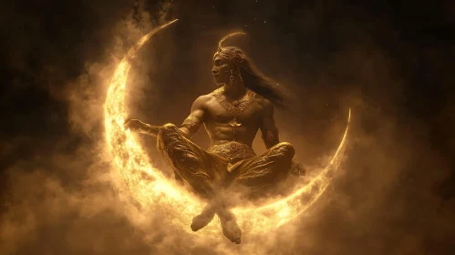 Divine Figure on Moon with Golden Clouds