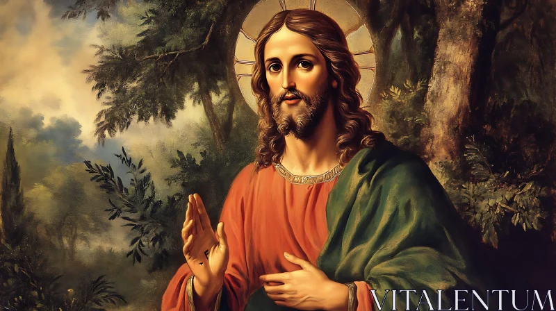 Jesus in the Forest Painting with Halo and Robes AI Image