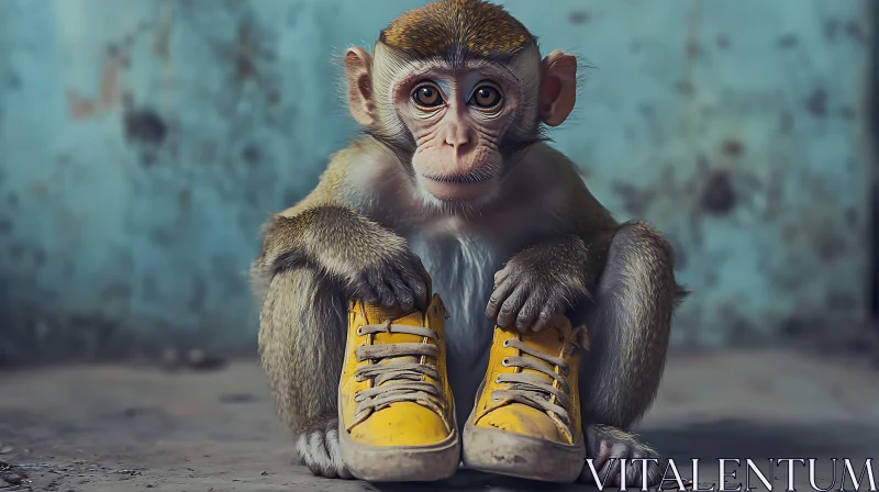 AI ART Young Monkey Holding Yellow Sneakers