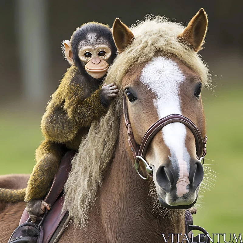 Young Monkey Clings to Horse in A Delightful Scene AI Image