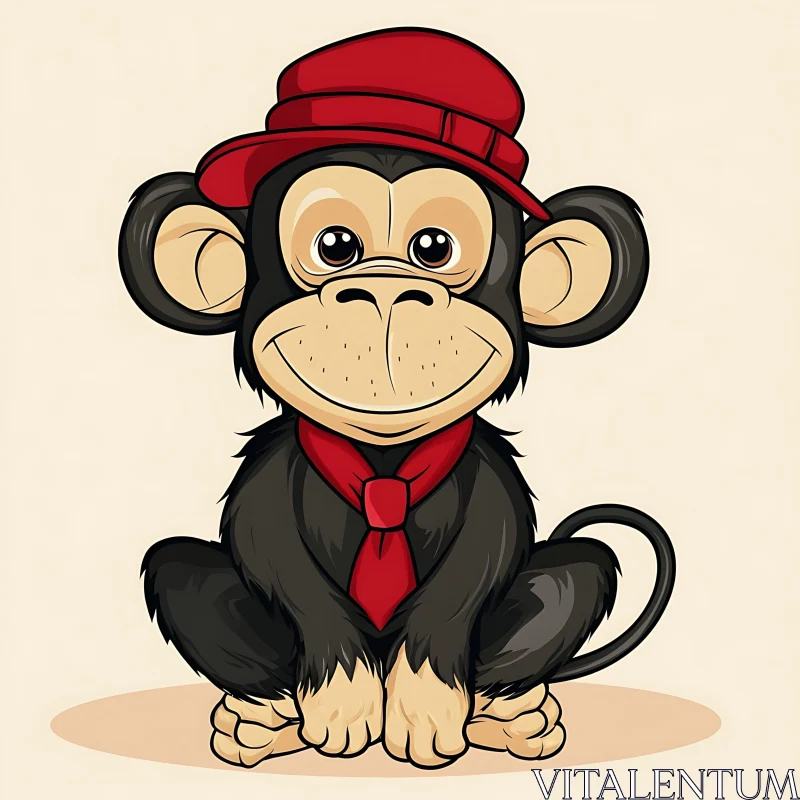 Adorable Monkey Cartoon in Red Hat and Tie AI Image