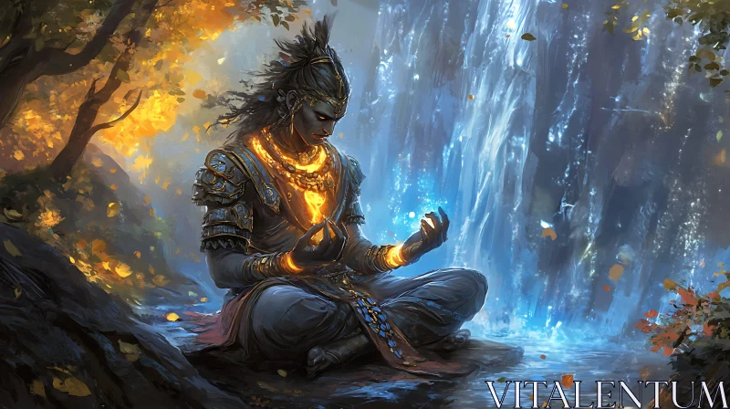 Warrior in Meditation with Ethereal Glow by Waterfall AI Image