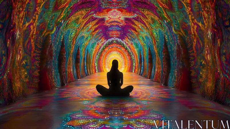 Meditative Silhouette in Colorful Tunnel AI Image