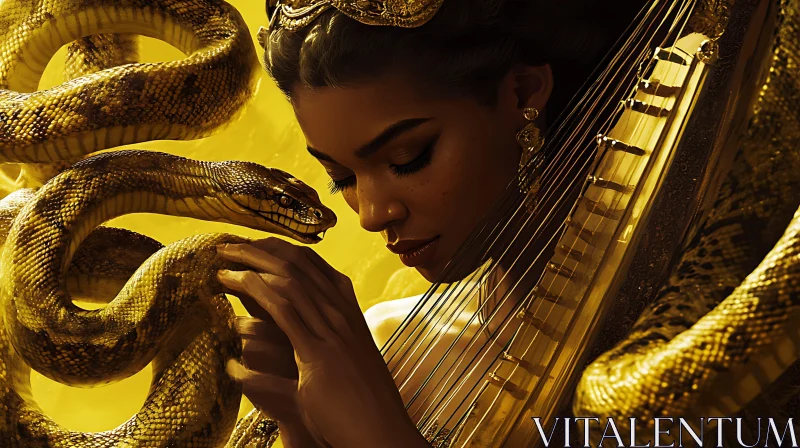 Enigmatic Melody: Woman, Harp, and Serpent AI Image