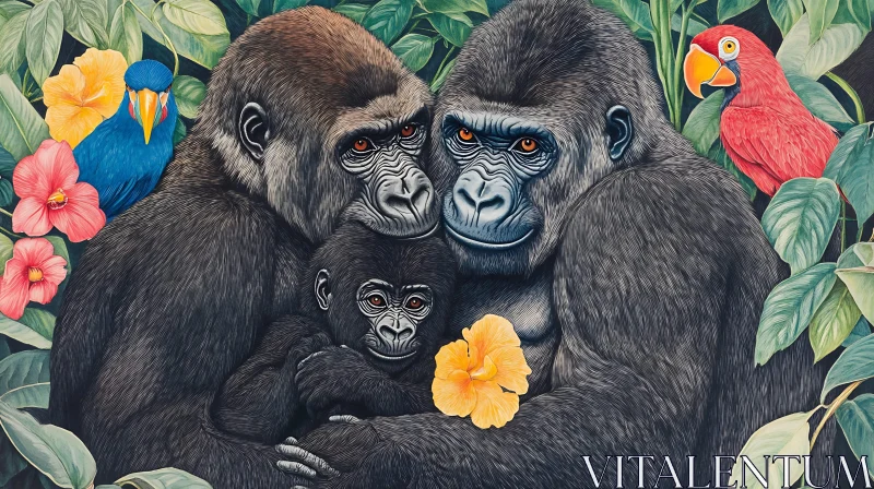 Tender Gorilla Family in Vibrant Jungle AI Image