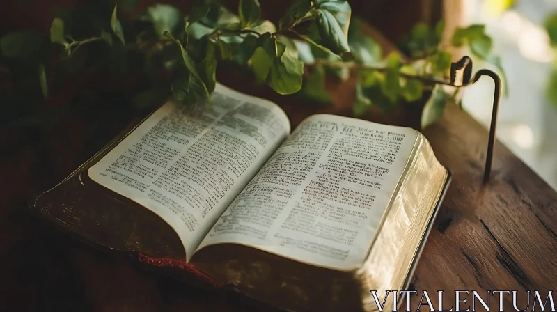 AI ART Open Antique Book on Wooden Surface with Greenery